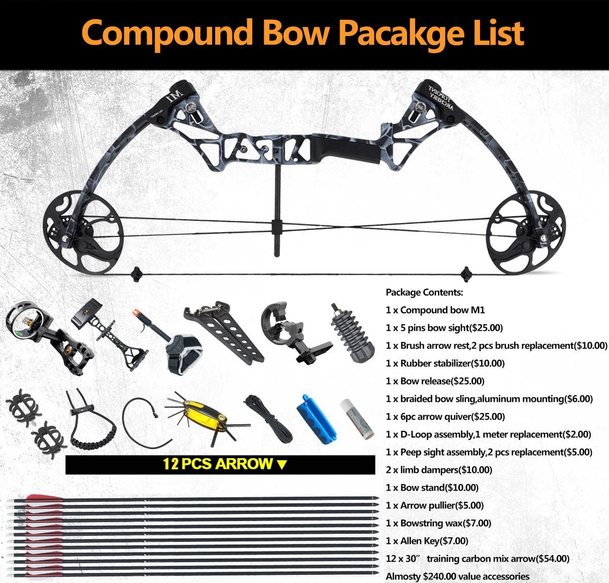 Compound Hunting Bow Kit，Limbs Made in USA，19"30" Draw