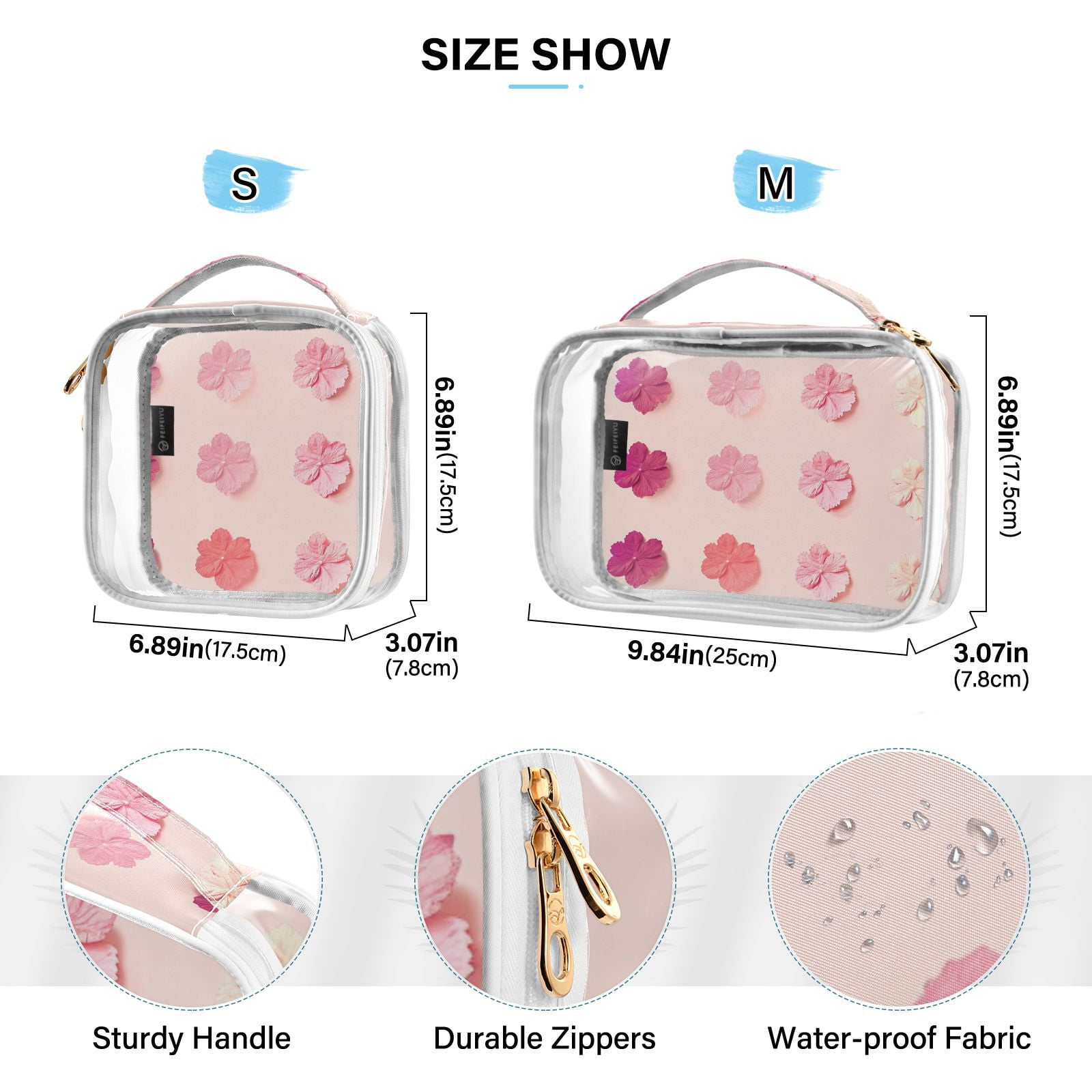 Clear Makeup Bags with Handle Large Opening 2 Pack Set Toiletry Bag Quart Size Bag, for Women Man Traveling Travel Essentials, Toiletries and Other. Pink Flowers Bloom