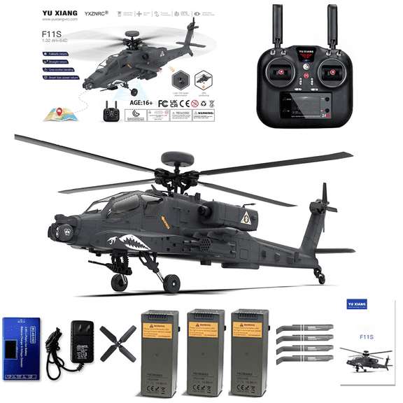 YU XIANG F11-S AH64 1/32 Scale RC Helicopter, 2.4G 6CH RTF GPS Smart Flybarless Military RC Helicopter with 6G/3D Stunt Mode, Dual-Axis Co-Drive & Optical Flow Positioning for Hobbyist