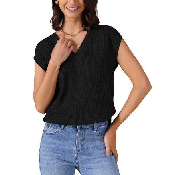 Chaleco de suéter de cuello en V para mujer INSPIRE CHIC, sin mangas, acanalado, con abertura, elástico, básico, casual, top de verano, color negro