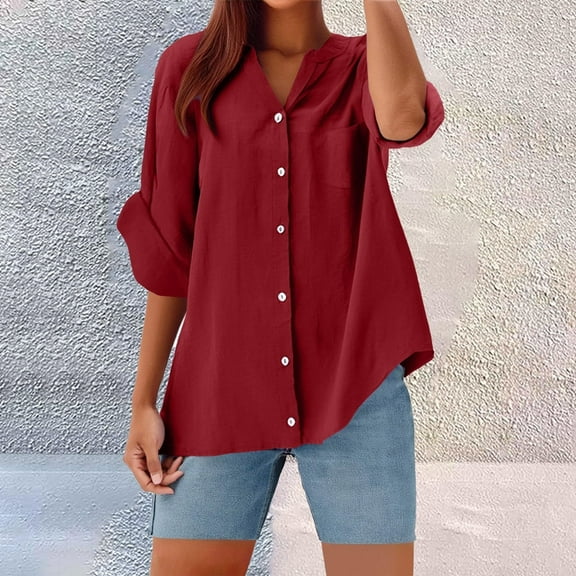 PiGOGI Women's Cotton Linen 3/4 Sleeve Top - Oversized V-Neck Casual Shirt Summer Tunic Blouse (S-XXL)