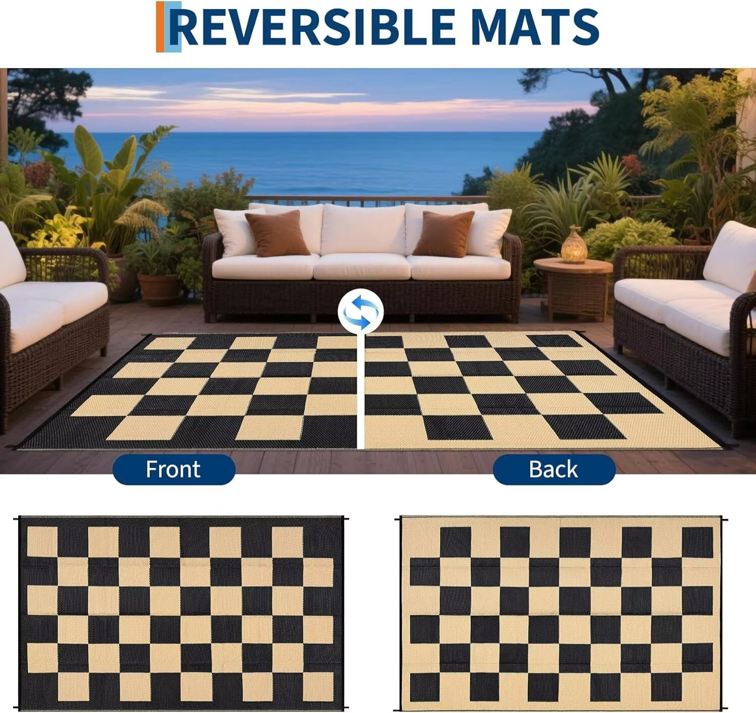 GlowSol 9'x18' Outdoor Rug Modern Checkerboard Plastic Straw Rug Waterproof Reversible Mat Outdoor Rug for Camping Patio Picnic, Black Coffee