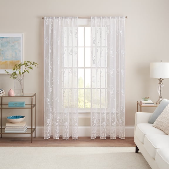 Waverly Sherry Floral Lace Sheer Rod Pocket Curtain Panel, White, 54 x 84
