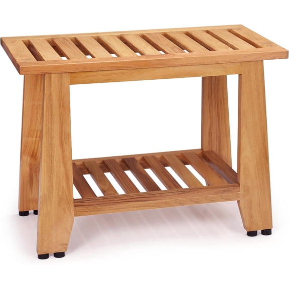 TEAKAURA Teak Shower Bench Stool, 24'' Heavy Duty Teak Wood Bathroom Seat, Water-Resistant Spa Bath Stool with Non-Slip Rubber Feet and Storage for Inside Shower and Outdoor Use