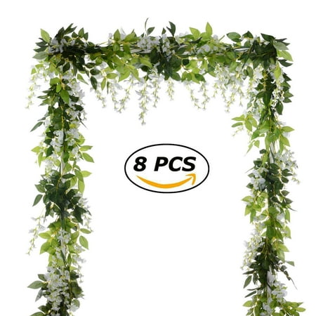 Vine 21 Coolmde 8Pcs 13.2Ft/piece Artificial Flowers Silk Wisteria Garland Artificial Wisteria Vine Rattan Silk Hanging Flower For Home Garden Outdoor Ceremony Wedding Arch Floral Decor (White) ()