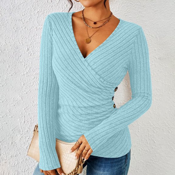 Yxbdin Wrap V Neck Long Sleeve Blouses for Women Dressy Casual Ribbed Shirts Slim Fit Solid Tops Blue M