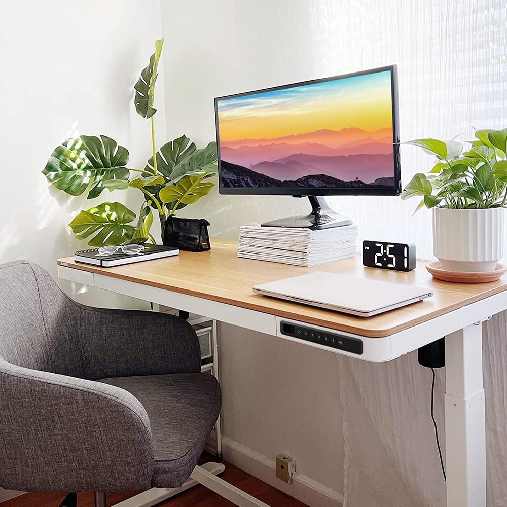 Rise Up Essential Electric Standing Desk 23.6x47.2” | Affordable Adjustable Height 27–46” Sit Stand Ergonomic Office Desk with Maple Top, Memory Control & White Frame