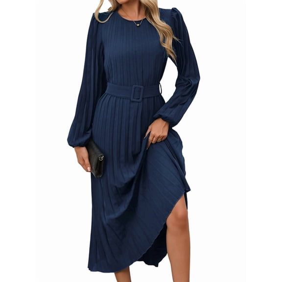 Women'S Midi Dress Long Puff Sleeve Wrap Crew Neck Flowy Ruffle Pleated Casual Fall Dresses Dark Blue S