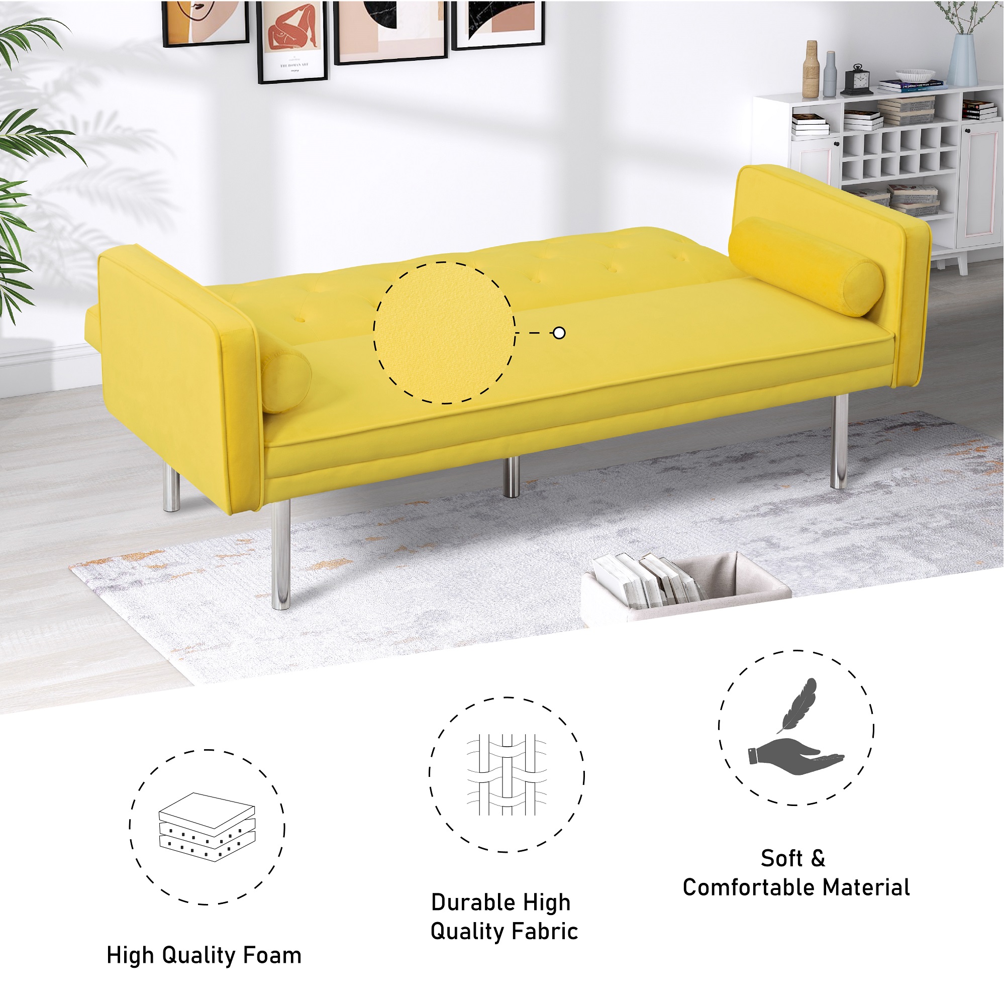 Modstyle Futon Sofa Bed, Velvet Convertible Sleeper Sofa with Pillows, Yellow - image 4 of 8
