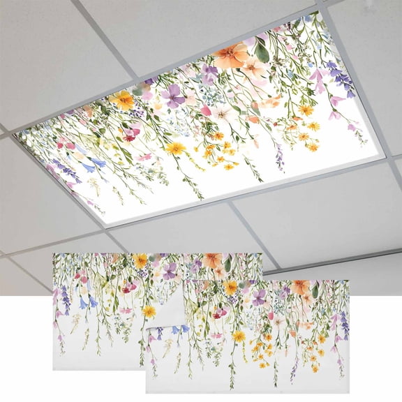 Fluorescent Light Covers for Ceiling Lights Classroom, Cottagecore Floral Magnetic Ceiling Light Cover Filter for School,Office, 2X4 FT, Pack of 2, Colorful Watercolor Flowers Leaves