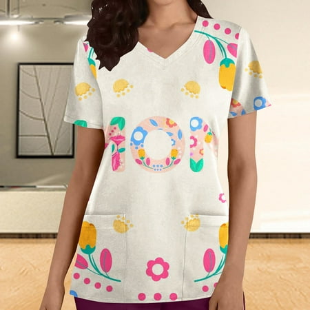 

Gaecuw Scrub Tops Women Plus Size Print Mothers Day Tops With Pockets Blouses Short Sleeve T Shirts Regular Fit Pullover Tees T-Shirts Abstract Print Tops V Neck Blouses Casual T Shirts Summer Tees