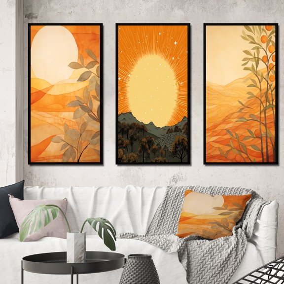 Designart "Golden Sunset Painting Orange Meadows I" Meadow Framed Wall Art Set Of 3 - Gold Traditional Frame Gallery Wall Set For Home Decor