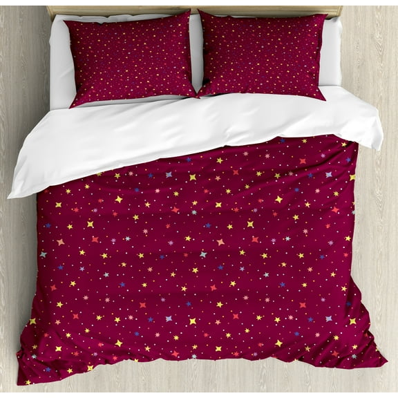 Star Duvet Cover Set, Space Inspired Simplistic Pattern of Colorful Stars and Dots View, Decorative 3 Piece Bedding Set with 2 Pillow Shams, Calking Size, Dark Magenta and Multicolor, by Ambesonne