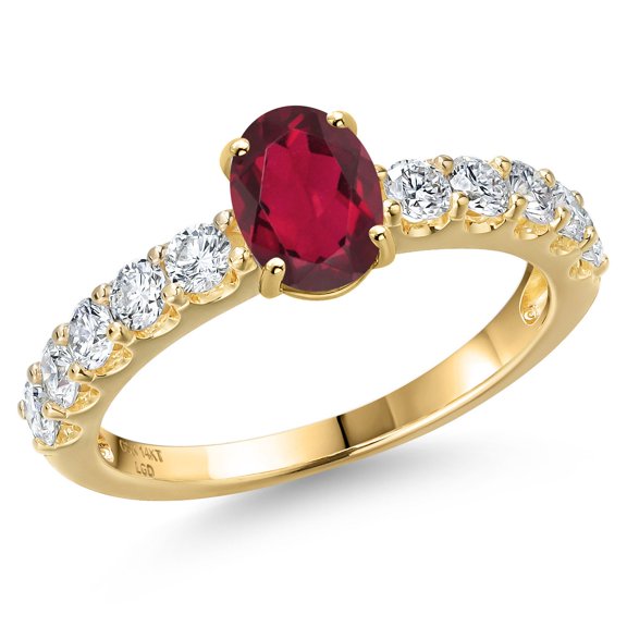 Gem Stone King 14K Yellow Gold Ruby Red Mystic Topaz and Lab Grown Diamond Engagement Ring for Women | 1.45 Cttw | Oval 7X5MM | Gemstone November Birthstone | Size 6