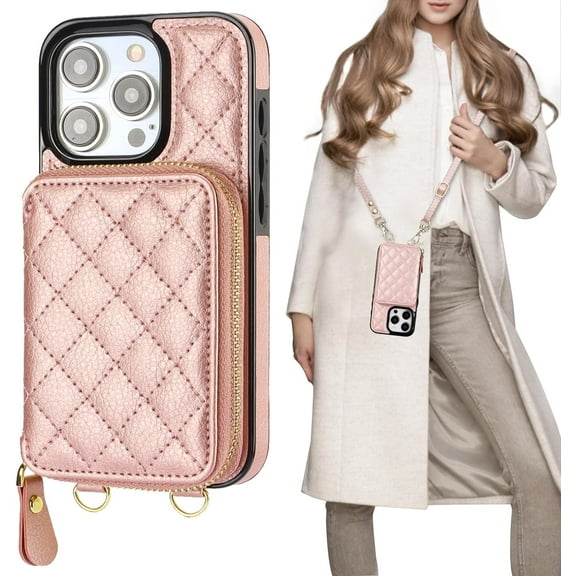 Crossbody Wallet Case for iPhone 15 Pro, RFID Blocking PU Leather Zipper Handbag Purse Flip Cover, Kickstand Folio Case with Card Slots Holder Wrist Strap Lanyard 5G 6.1 Inch (Rose Gold)