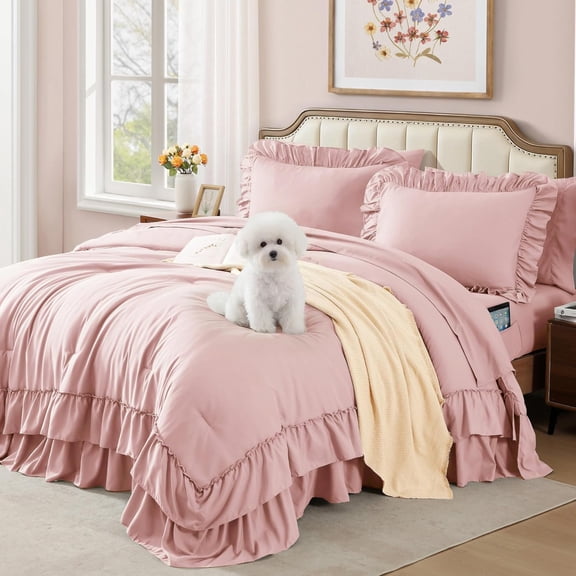 Queen Comforter Set Soft Pink Ruffle Shabby Chic Farmhouse 7 Piece Bed in a Bag with Sheets Pillowcases and Shams