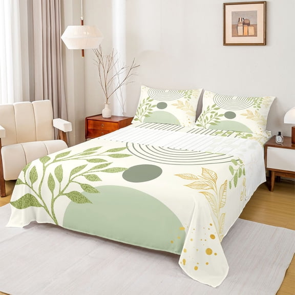 Homewish Geometric Stripes Circle 3pcs Twin Sheet Sets for Female Men Teens,Vintage Aesthetic Twin Fitted Sheet,Botanical Plants Leaves Breathable Flat Sheet,Breathable Home Decor