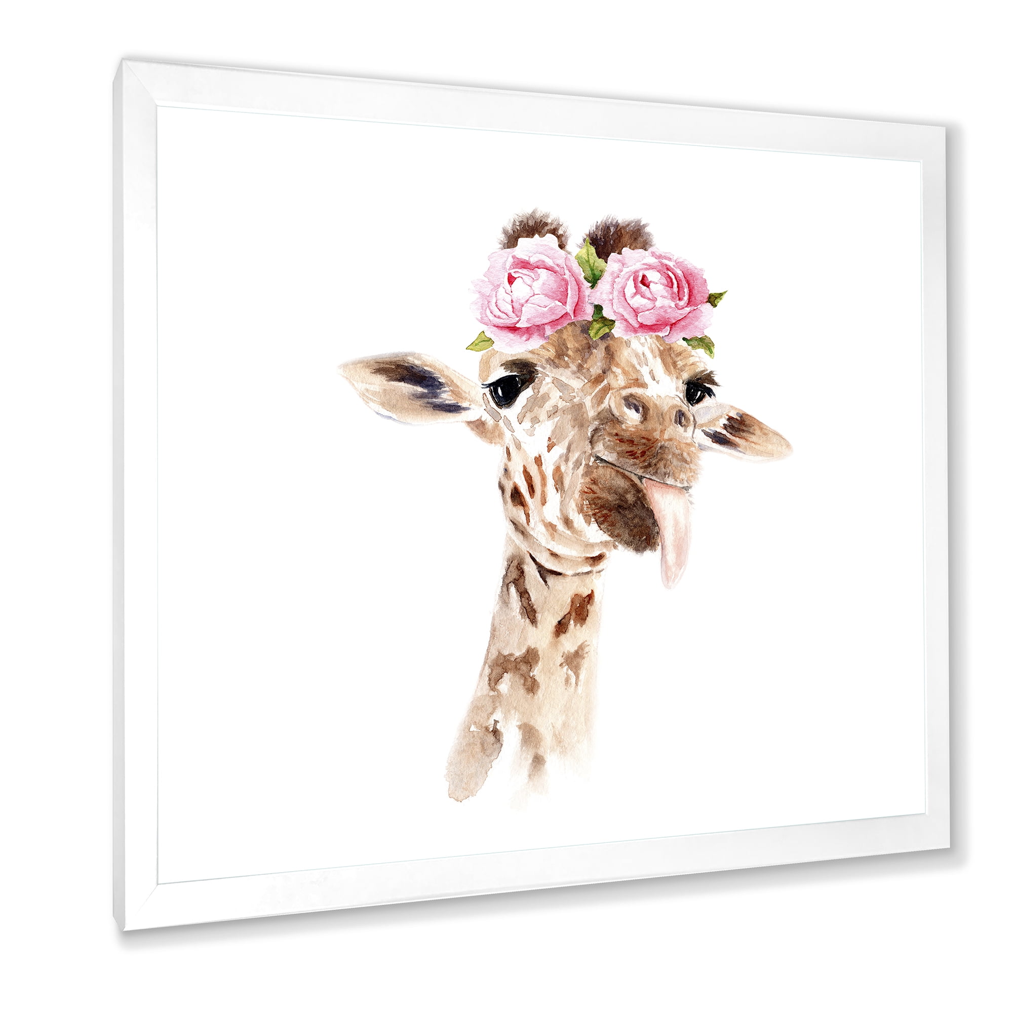 Designart 'Portrait of A Giraffe With Pink Flowers' Farmhouse Framed Art Print
