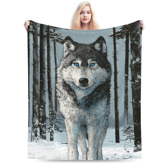 Majestic Wolf Throw Blanket, Realistic Winter Snow Wildlife Art Soft Flannel Fleece, Rustic Cabin and Lodge Decor for Sofa Bed 50x40