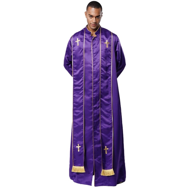 RUNQHUI Men's Priest Robe With Gold Trim And Cross Front Zip Closure For Church Worship And Cosplay Purple M