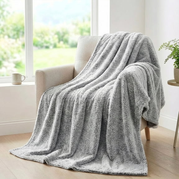 DecorX Throw Blanket Grey Flannel Fleece - Soft Fur Feel - Gray & White Contrast - 50x60 in
