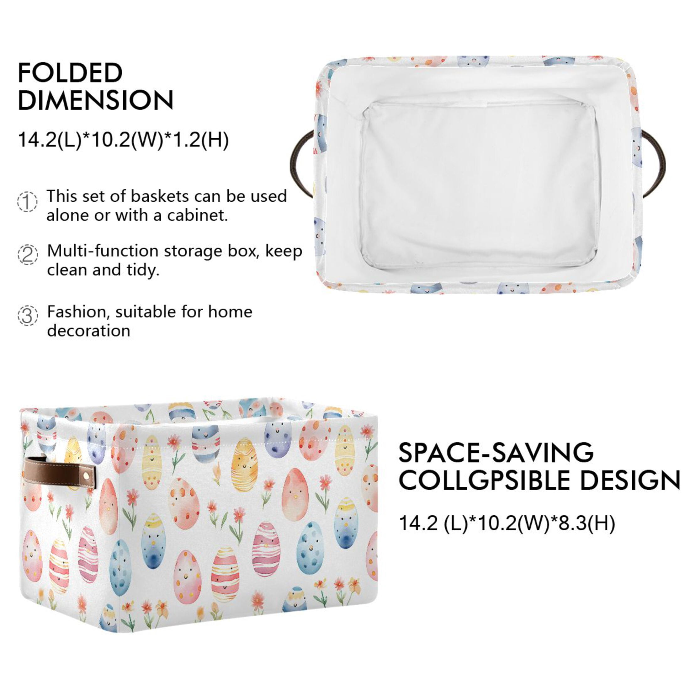 Easter Egg and Flower Storage Bins with Handle Fabric Organizer Basket Foldable Box 2 Pack 14.2x10.2x8.3