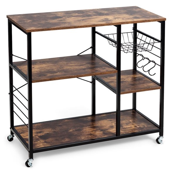 Costway Carrito de cocina con ruedas universales, carrito de cocina para microondas con estructura de metal repisas cesta y ganchos, fácil de montar
