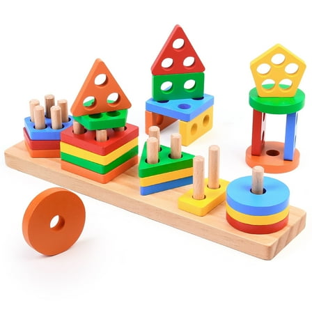 LotFancy Montessori Toys for Ages 1 2 3 Toddlers Boys Girls, Wooden Shape Sorting & Stacking Toy