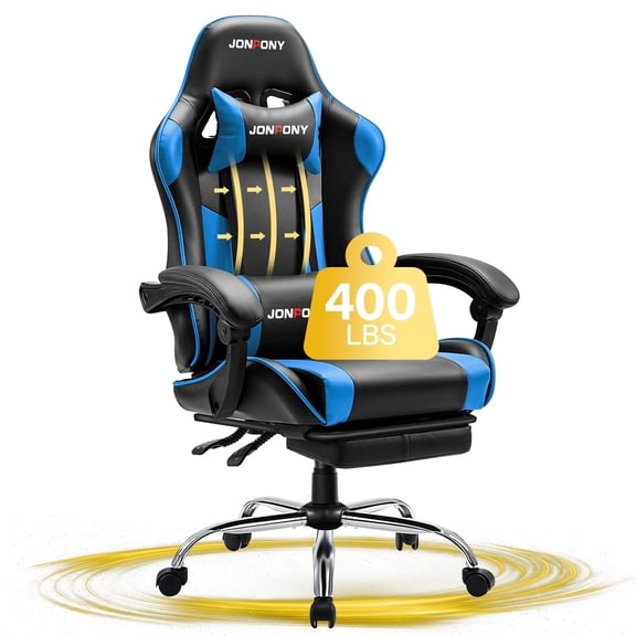 JONPONY Big and Tall Gaming Chair, Ergonomic PU Leather Chair with Footrest and Lumbar Support, High Back Computer Game Chair for 8 Hours Comfort, Black Blue