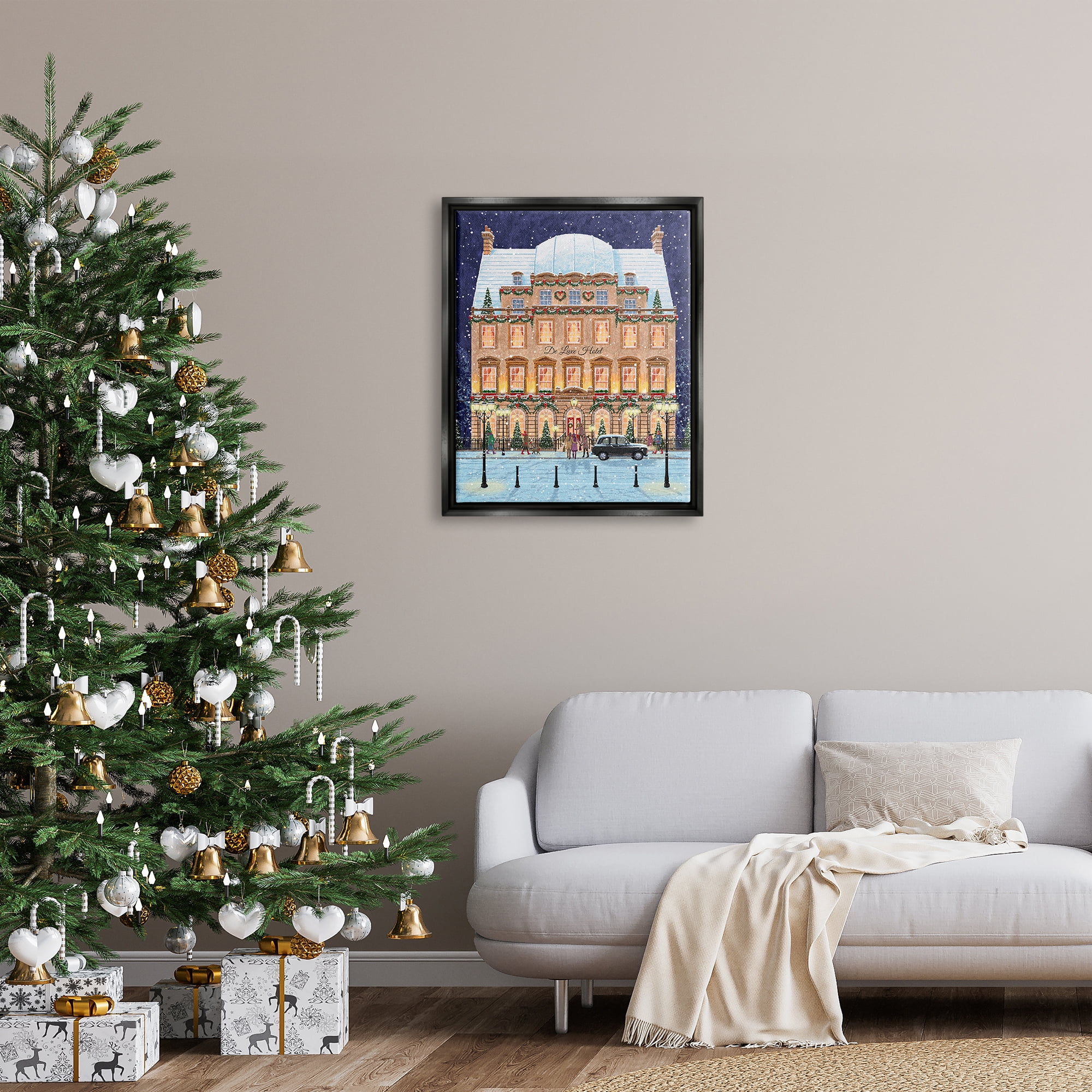 Stupell Industries Winter Hotel Christmas Festival Holiday Painting Black Floater Framed Art Print Wall Art