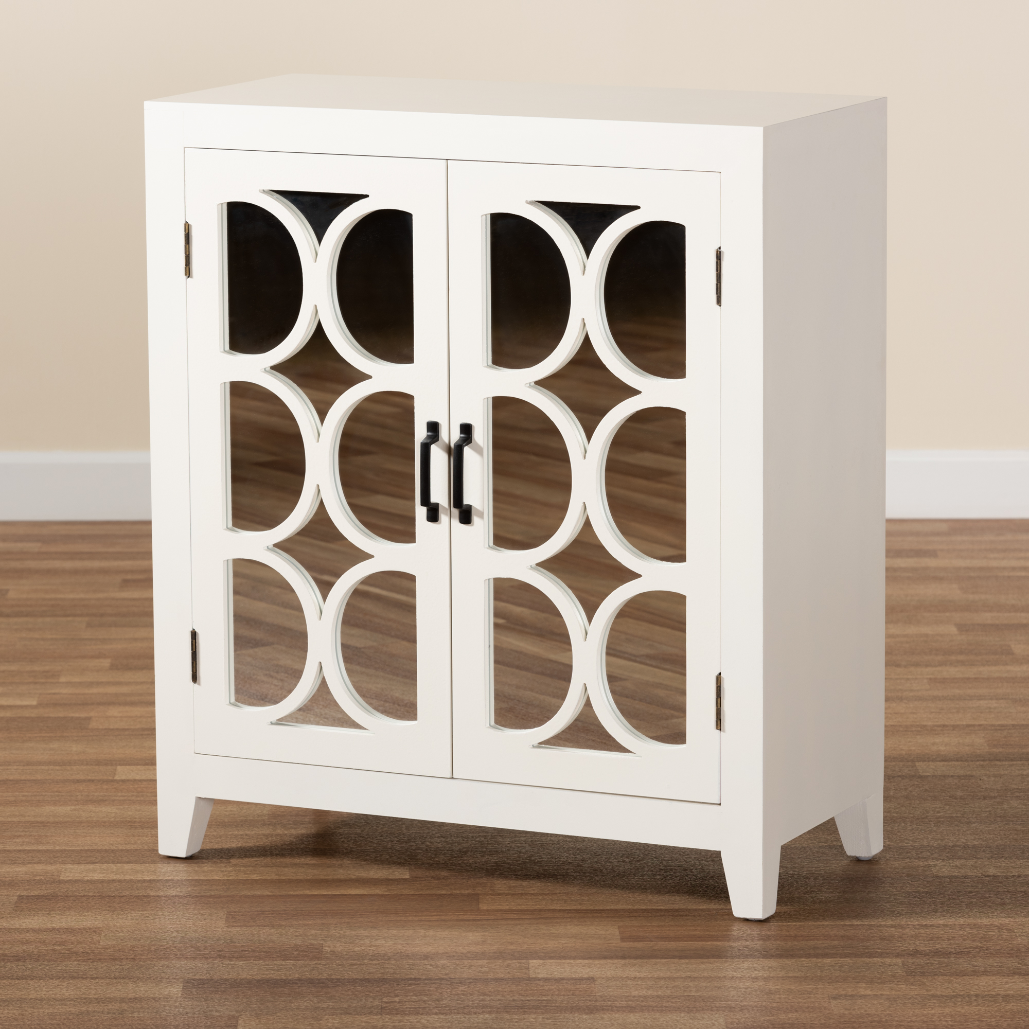 Baxton Studio Garcelle Modern and Contemporary White Finished Wood and Mirrored Glass 2-Door Sideboard