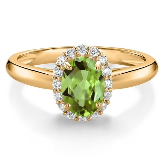 Gem Stone King 10K Yellow Gold Green Peridot and White Lab Grown Diamond Halo Engagement Ring for Women (1.03 Cttw, Gemstone August Birthstone, Oval 7X5MM, Size 6)