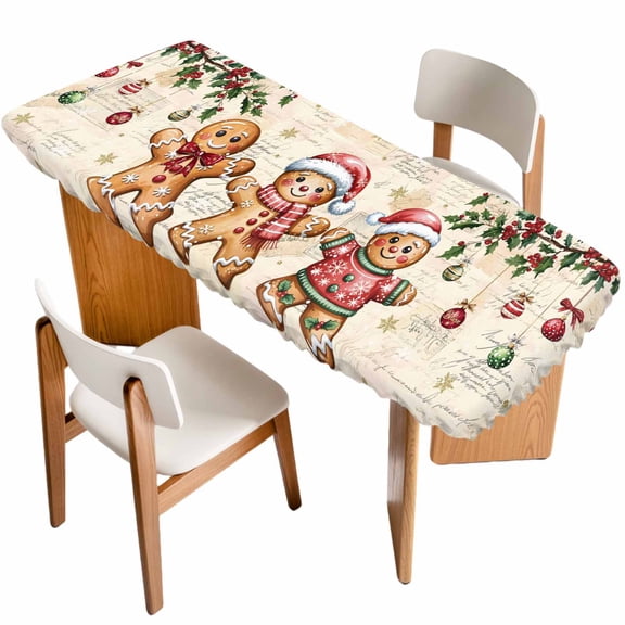 Gingerbread Christmas Table Cloths for 8 Foot Rectangle Tables, Xmas Balls Branches Beige Rustic Patio Waterproof Elastic Fitted Tablecloths, Washable Rectangular Table Cover for Camping