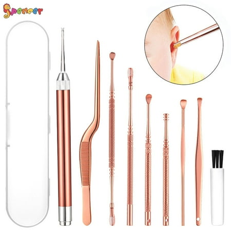 Spencer 9Pcs LED Light Ear Wax Removal Kit Ear Pick Cleaner Stainless Steel Ear Curette Cleaner Set Ear Spoon Ear Care Cleaning Tools