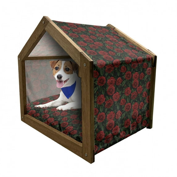 Rose Pet House, Valentine's Day Retro Style Petals with Leaves Ornamental Growth Pattern, Outdoor & Indoor Portable Dog Kennel with Pillow and Cover, 5 Sizes, Ruby Hunter Green Black, by Ambesonne