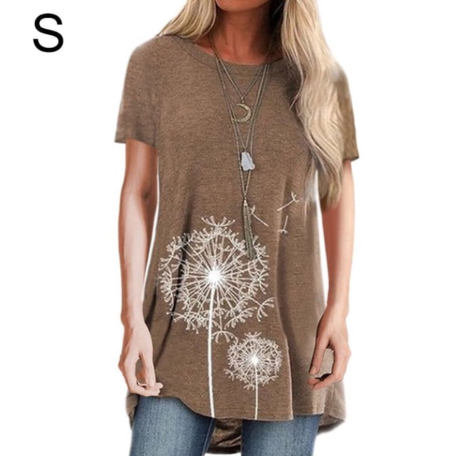Qarigey Mujer Impreso Cuello Manga Corta Túnica Camisa Prendas para la parte del cuerpo Café S