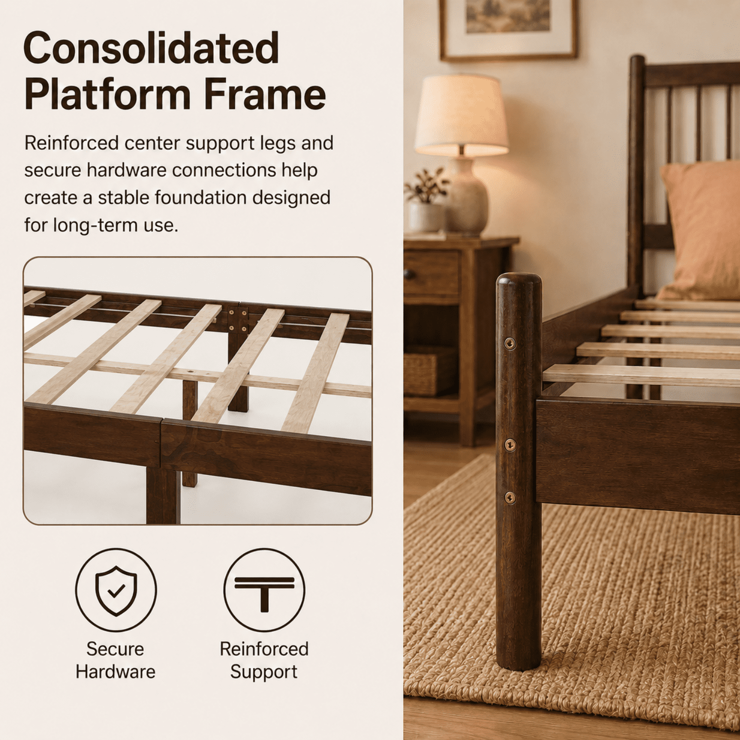 Miniyam Queen Pine Wood Platform Bed Frame with Spindle Headboard, 9.8" Underbed Storage, Walnut