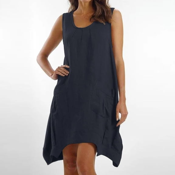 Crew Neck Summer Casual Beach Dress for Women 2026 Vacation Women's Sleeveless Sundress Dark Blue S