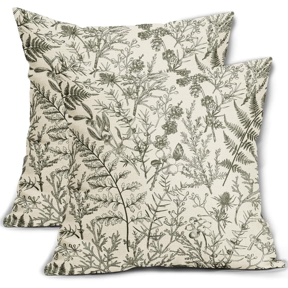 Olive Green Floral Pillow Covers 20x20 Set of 2 Botanical Print Vintage Spring Flower Plant Cream Decorative Throw Pillow Cases Outdoor Farmhouse Cushion Covers Decor for Sofa Couch Bed