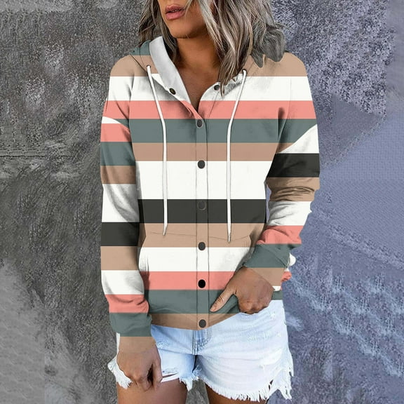 Usmixi Winter Womens Sweatshirt Coat Womens Button Hooded Jacket Long Sleeve Loose Lightweight Fall Outerwear Fashion Striped Print Drawstring Hoodies Coat 2025 Sweatshirt Coat