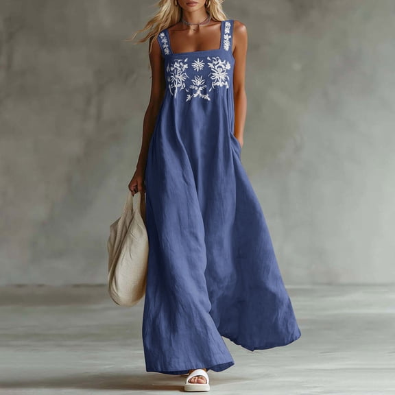 Guieoi Summer Dresses for Women Embroidered Square-Neck Sleeveless Casual Floral Dress with Pockets Blue M