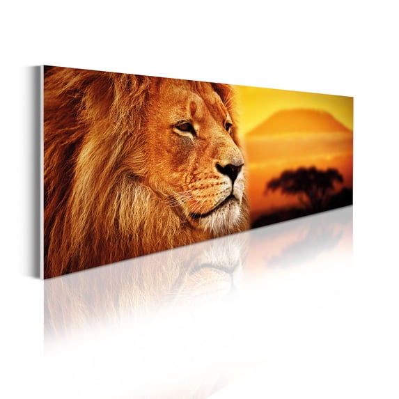 Animal Acrylic Glass Wall Art, Lion Portrait on Blurry Sunset Savannah Nature Panoramic View Wild Cat, Panoramic Decor Living Room Bedroom & Dorms, 47" x 16", Marigold Amber Maroon, by Ambesonne