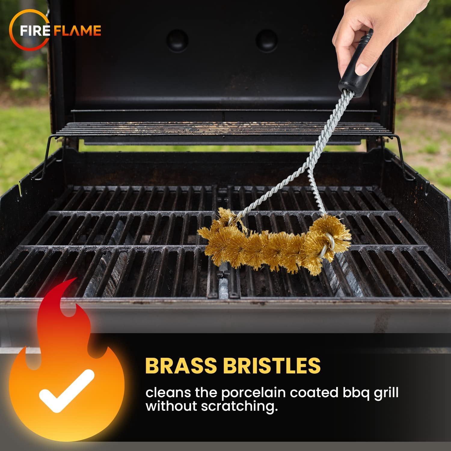 Fireflame BBQ Grill Brush  Non-Scratch Brass Bristles - 16-Inch Long Handle Barbecue Grill Cleaning Brush - Wide-Faced Spiral Heavy-Duty  Made in The USA