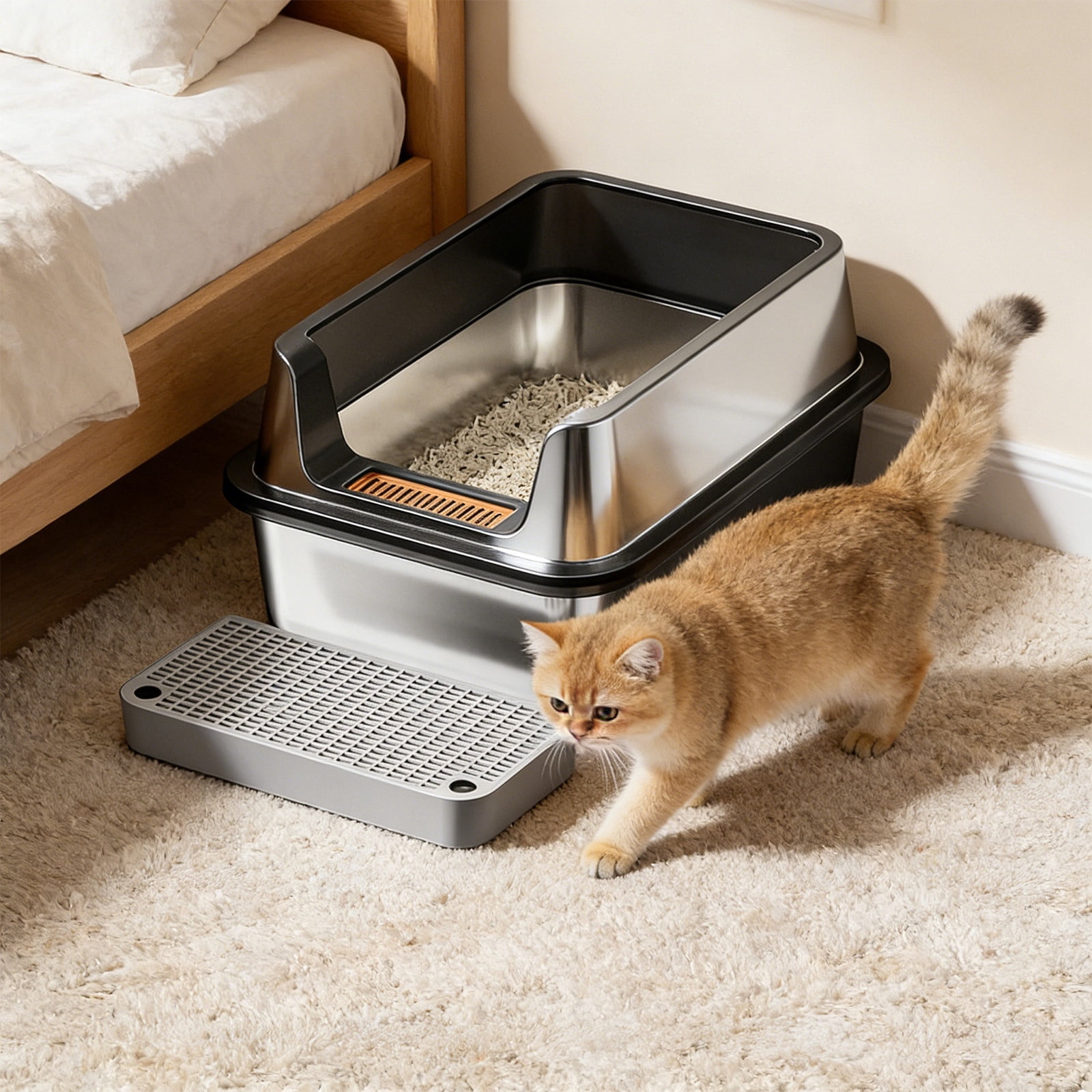 Stainless Steel High Sided Litter Box, Large Open Top Cat Litter Pan with Step Platform, Odor Resistant & Easy Clean, Non-Slip Kitty Tray with Scoop for Small & Large Cats