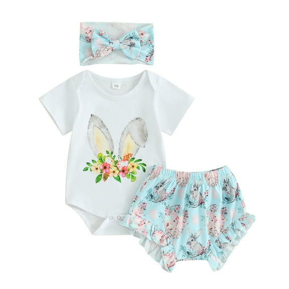 Bagilaanoe 2pcs Newborn Easter Outfits Baby Girl Shorts Set Short Sleeve Print Romper Tops   Ruffle Shorts   Headband 3M 6M 12M 18M 24M Infant Casual Summer Clothes