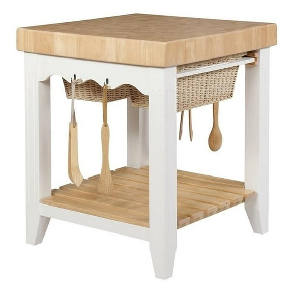 Pemberly Row Transitional Wood Butcher Block Kitchen Island in White