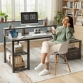 thumbnail image 7 of Romorgniz 60" Computer Desk Office Desk with Power Outlets & LED Light Home Office Desk with Drawers & 4 Open Storage Shelves Executive Desk with Monitor Stand for Working Writing,Dark Oak, 7 of 7