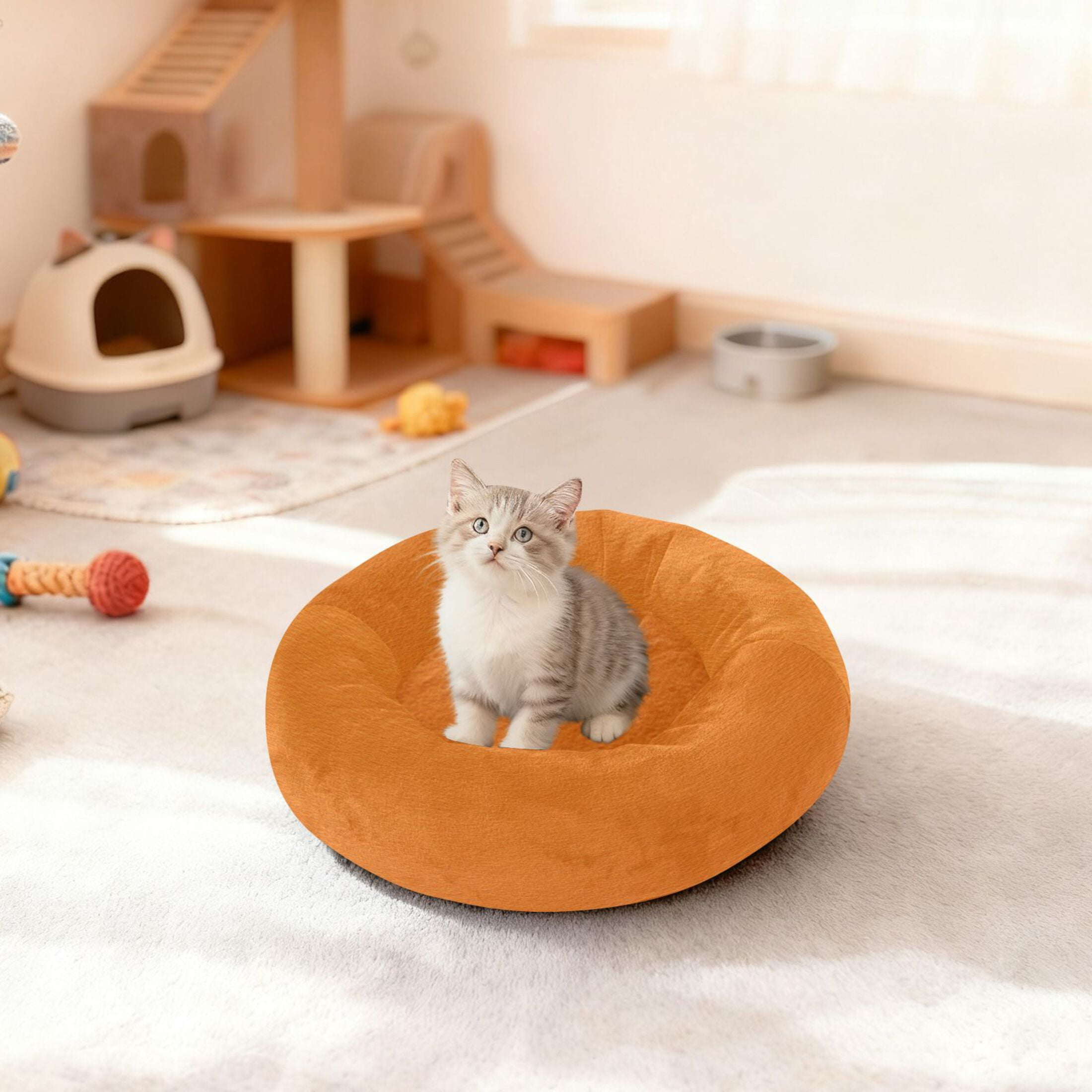 Iauyy Pet Couch Donut Cat Bed for Indoor Cats/Small Dogs Washable & Machine with Non-slip Bottom Calming Cat Furniture, Orange Cardboard (M)
