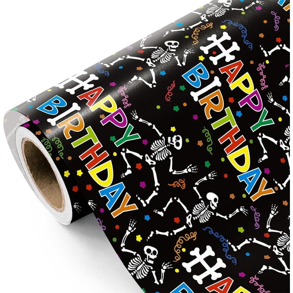 Gift Wrapping Paper 58"x 23" inchs , Happy Birthday Cartoon Skull Birthday Wrapping Paper Roll, Adorable Gift Wrap for Boys Girls Birthday Party