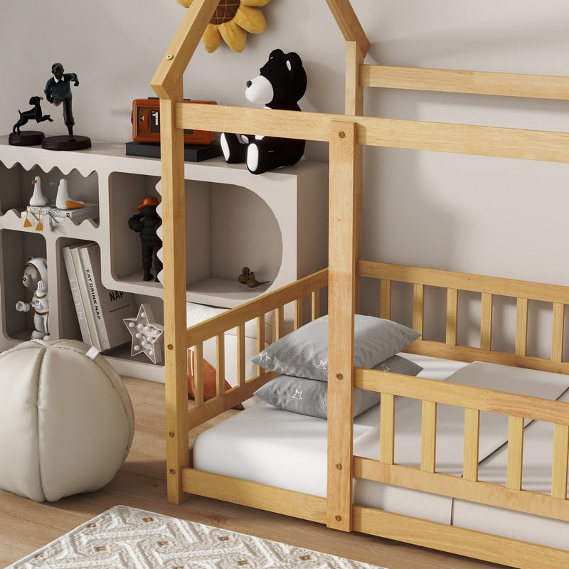 Twin Size House Floor Bed Frame,Wooden Montessori Floor Bed with Fence ,, Natural